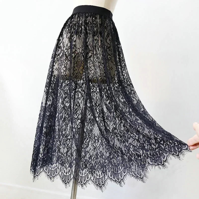 2 Length Elegant Black Skirt White Lace Transparent Long Tulle Skirt Ladies.
