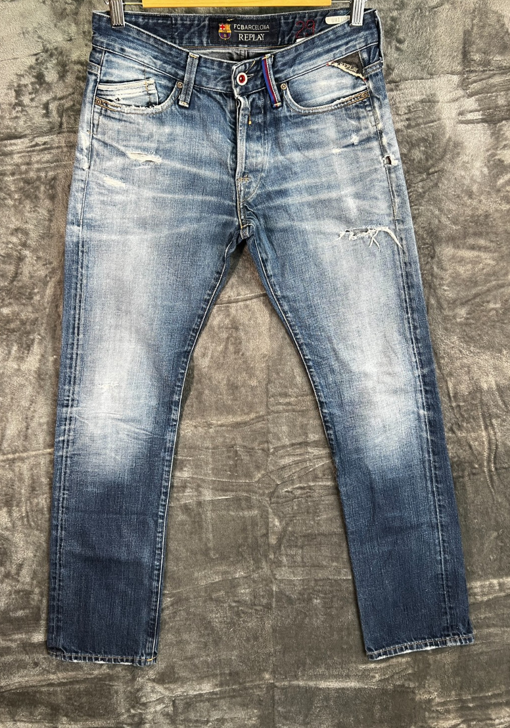 Replay x FC Barcelona Jeans W29 x L32 Made in Italy Slim Distressed Denim