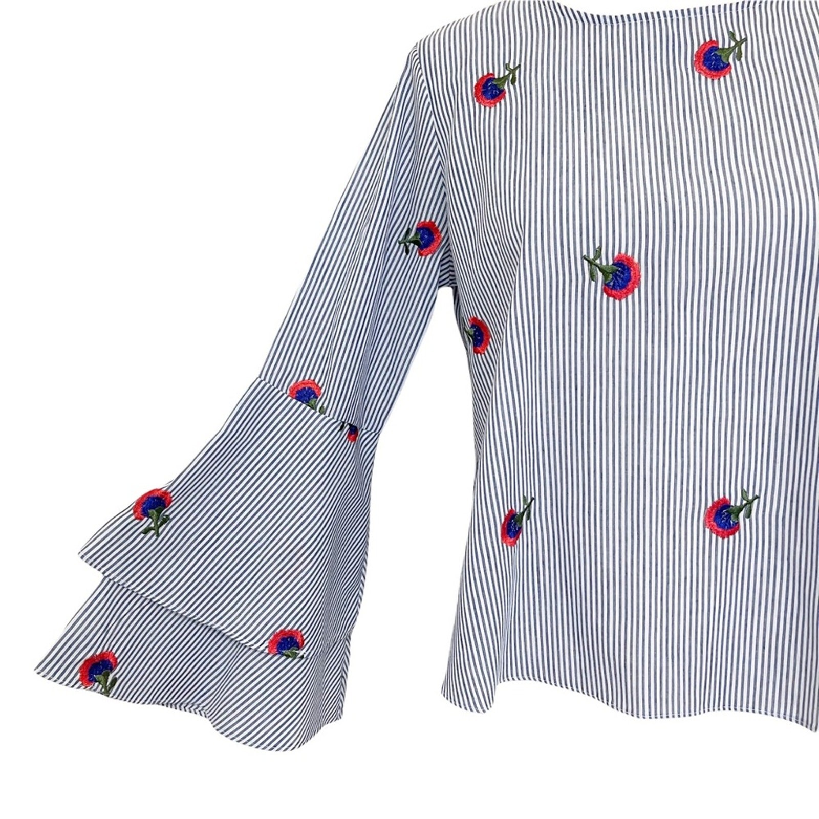 Emma & Olivia Nautical Stripe Floral Embroidery Bell Sleeve Red/White/Blue Small