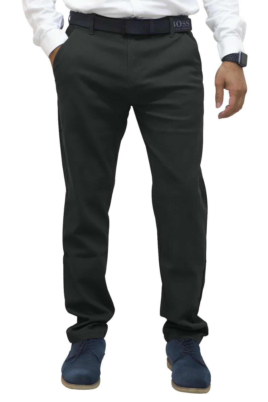 Mens Regular Fit Chino Trousers Stretch Casual Cotton Flat Front Flex Full Pants