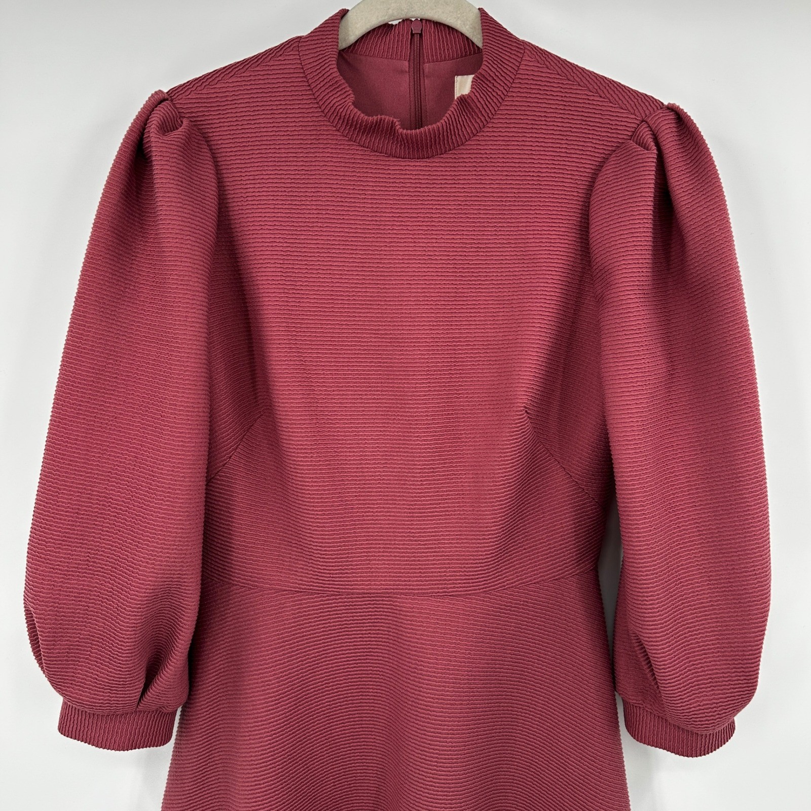 Gal Meets Glam Burgundy Ribbed Puff Sleeve Fit & Flare Mock Neck Dress 6 Modest