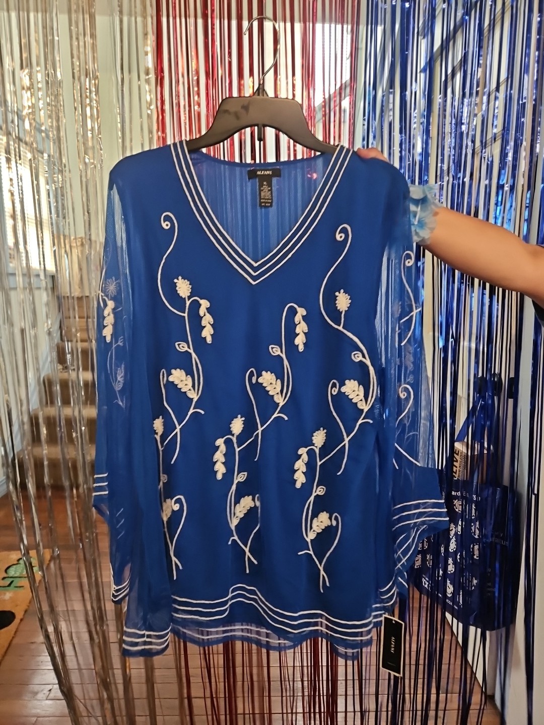 Alfani Blue tunic white embroidery sheer layered – NWT Size XL
