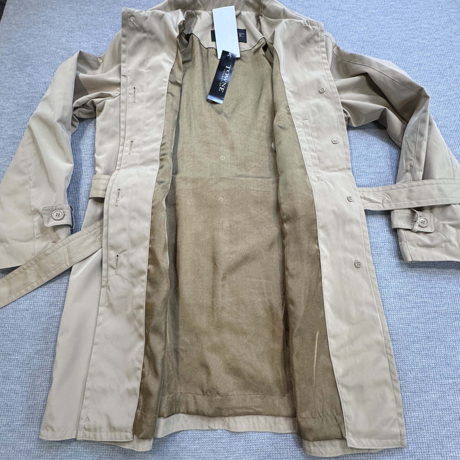 Towne Collection Womens Size L Khaki Trench Coat Belted Padded Shoulder NWT