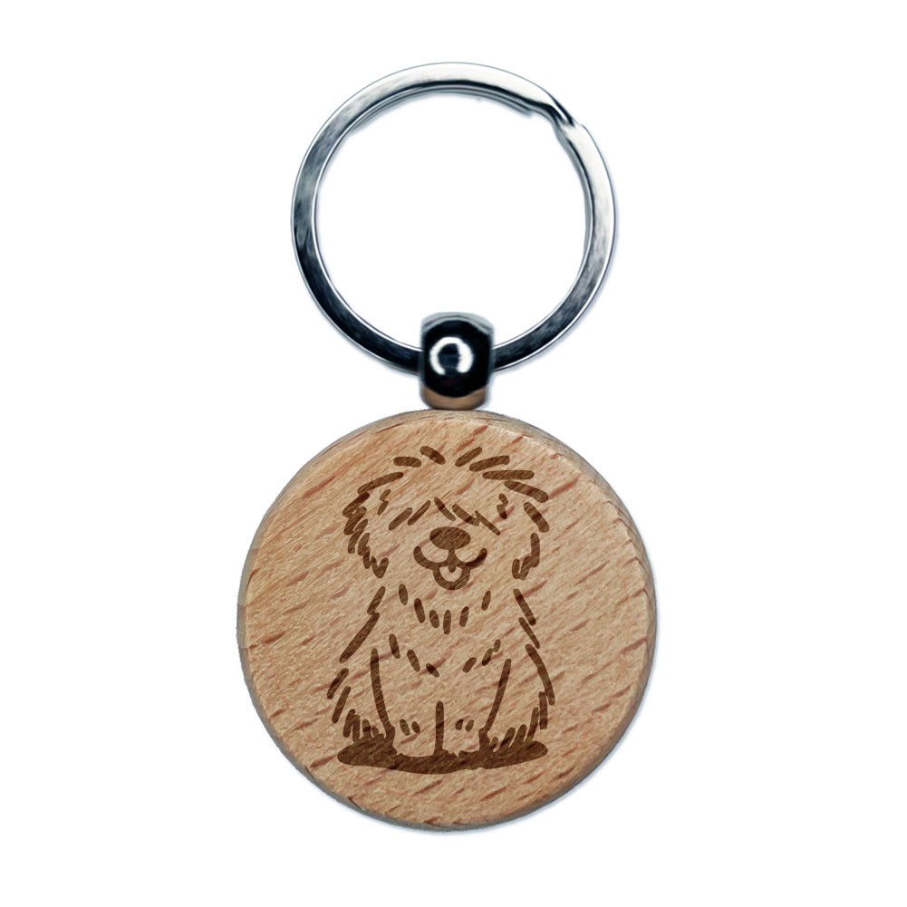 Shaggy Dog Sheepdog Sketch Fluffy Hairy Pet Engraved Wood Round Keychain Tag
