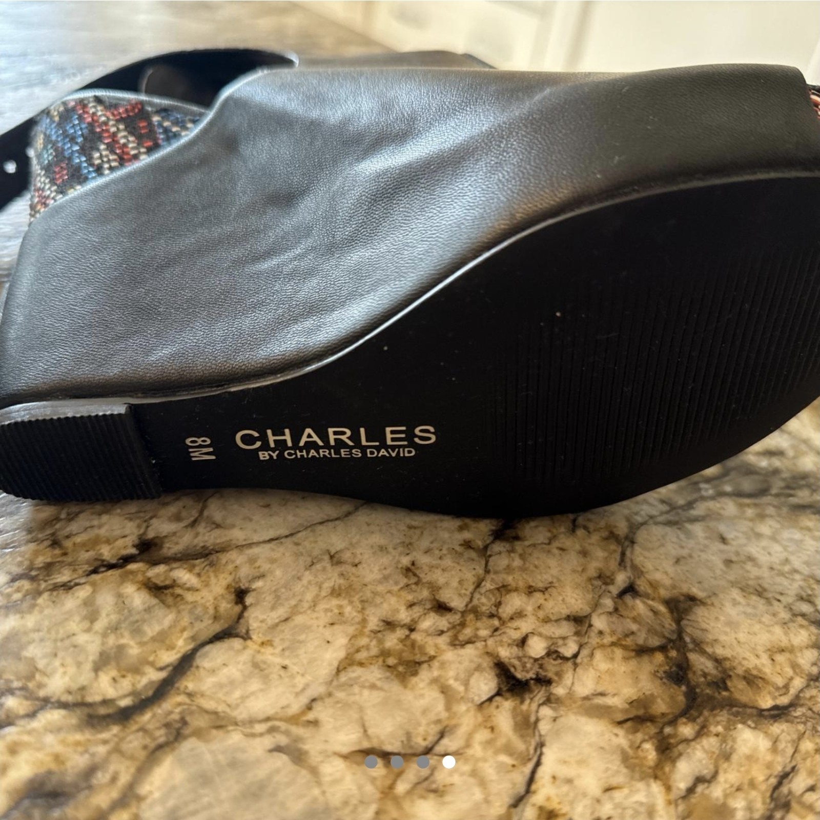 Charles by Charles David 8M. Black Leather Peep Toe with Colorful Accents