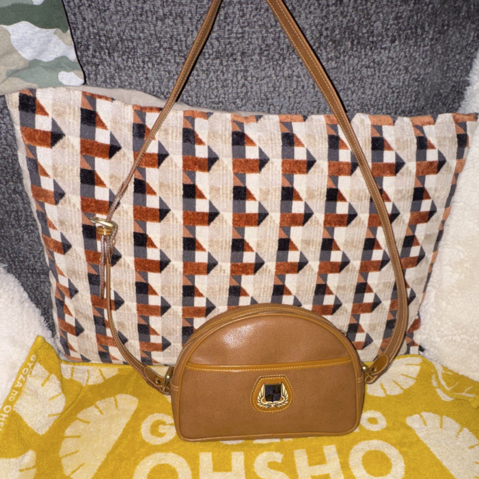 LANCEL Brown Half Moon Zip Crossbody Bag Logo Accents Coin Purse Gold HW