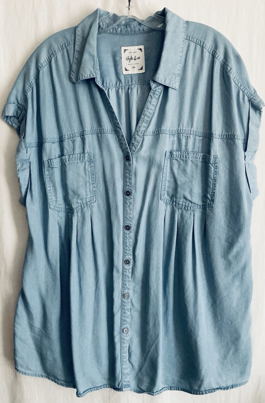 Style & Co XXL Blue Blouse Button Up Casual Cap Sleeve Pockets Collared Lyocell