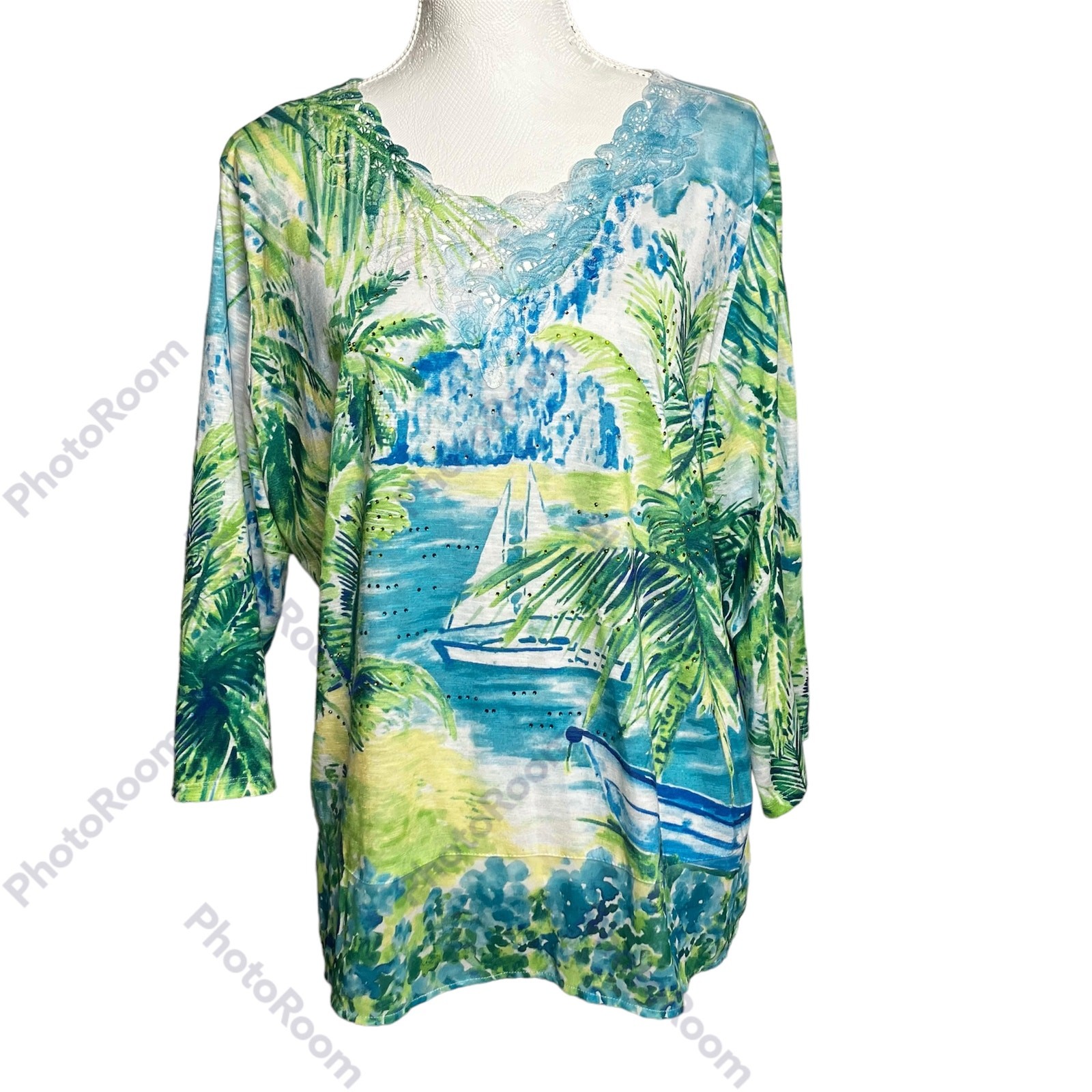 Alfred Dunner Top Womens Blue Green SZ PXL Tropical Print Sailboat Beachy Island