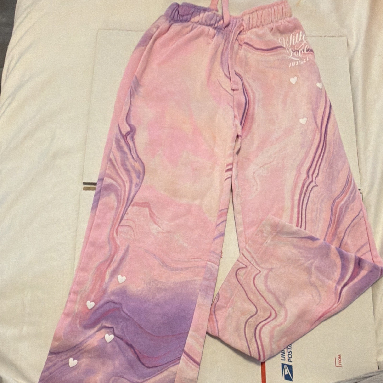 Justice Girls Marbled Heart Jogger Pants Pink Purple Fleece Drawstring Size 10
