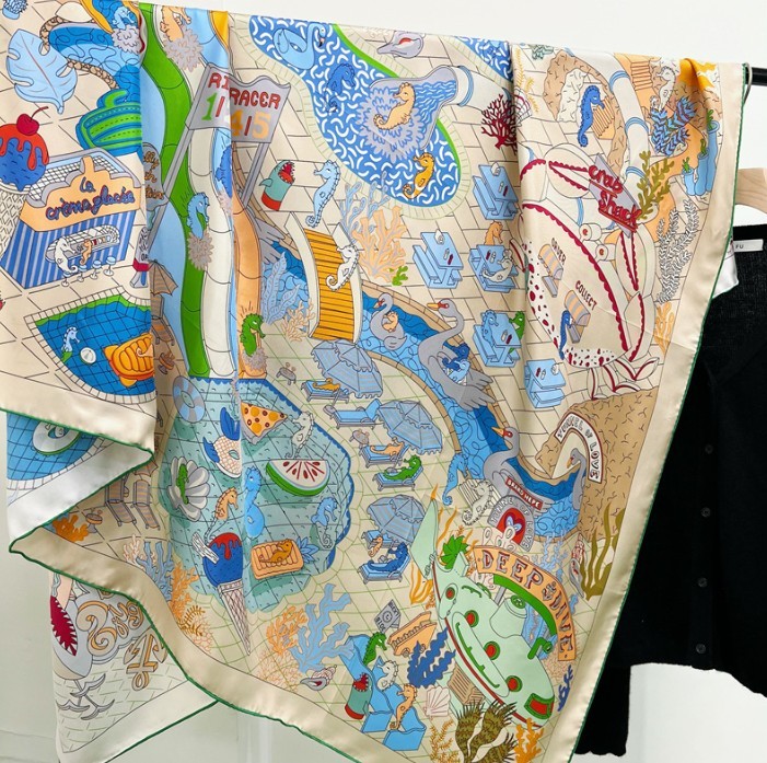Pure Twill Silk Scarf Bandanna Large Wrap Water Park Print Square Shawl 53″