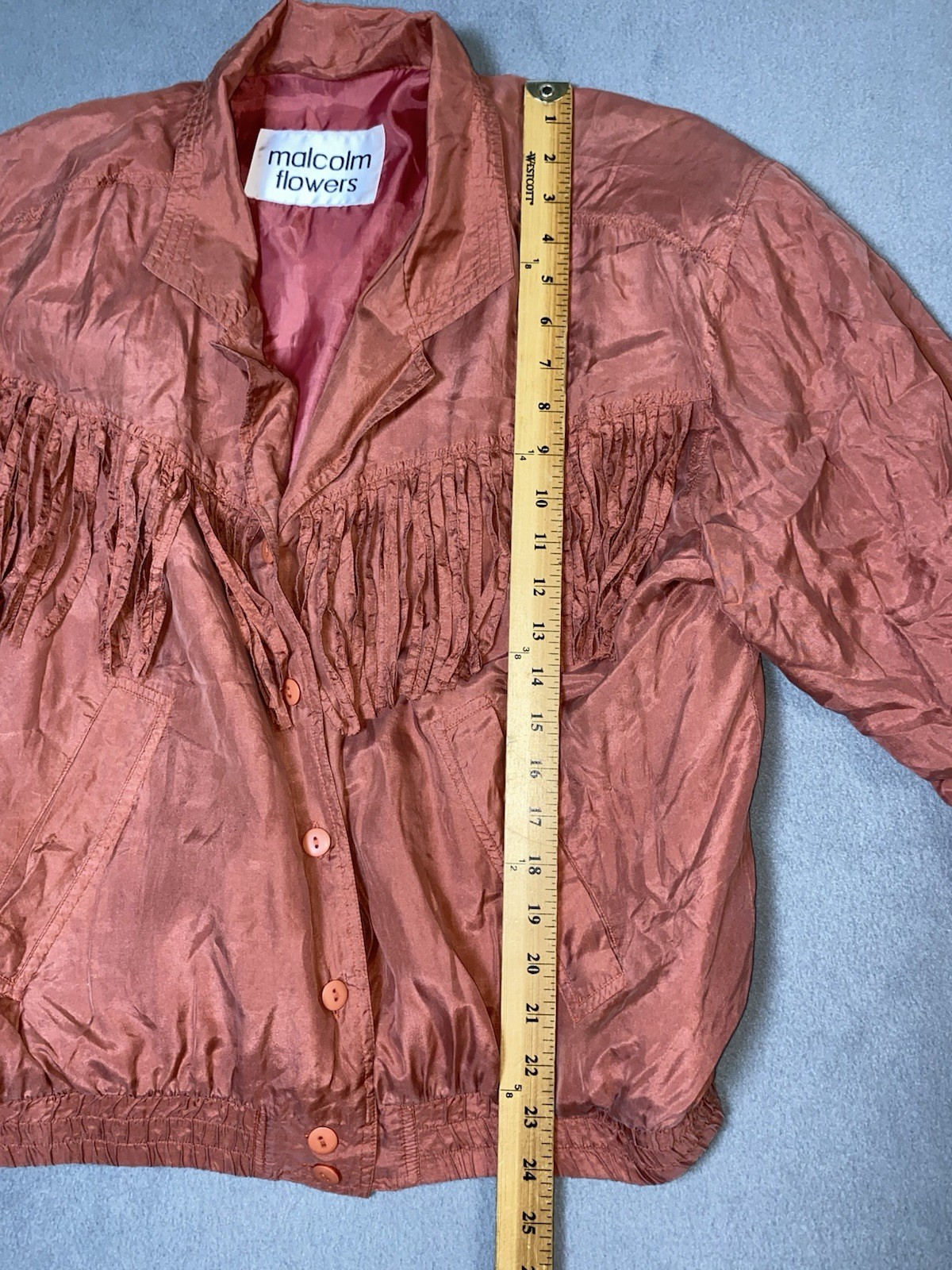 1980s Vintage Silk Button Up Jacket Fringe Shoulder Pads Women’s Medium See!!