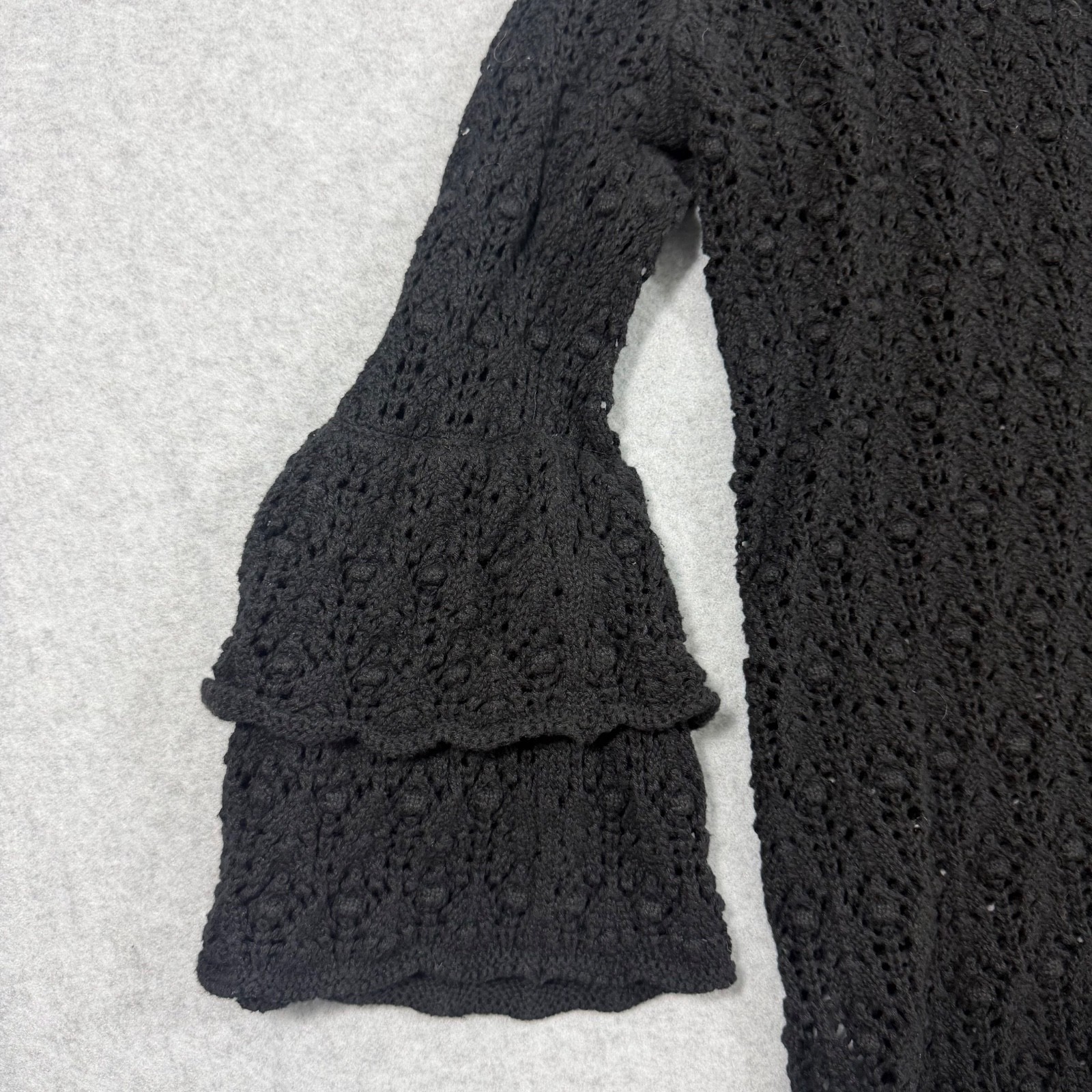 Jeanne Pierre Women’s Black Crochet Cardigan Size M Bell Sleeve Open Front