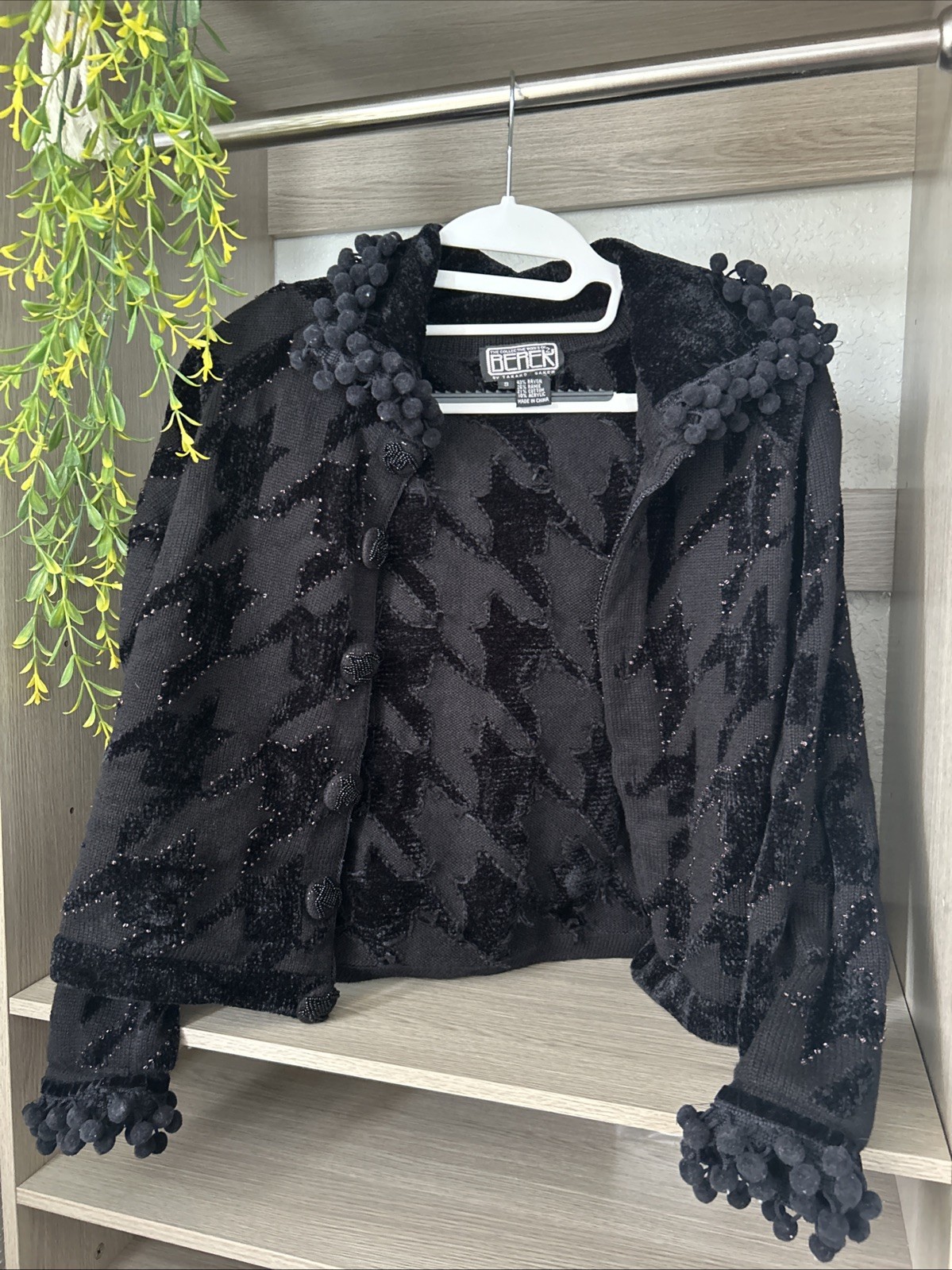VTG Collective Works Berek Takako SZ S Chenille Black Cat Pom Pom Cardigan