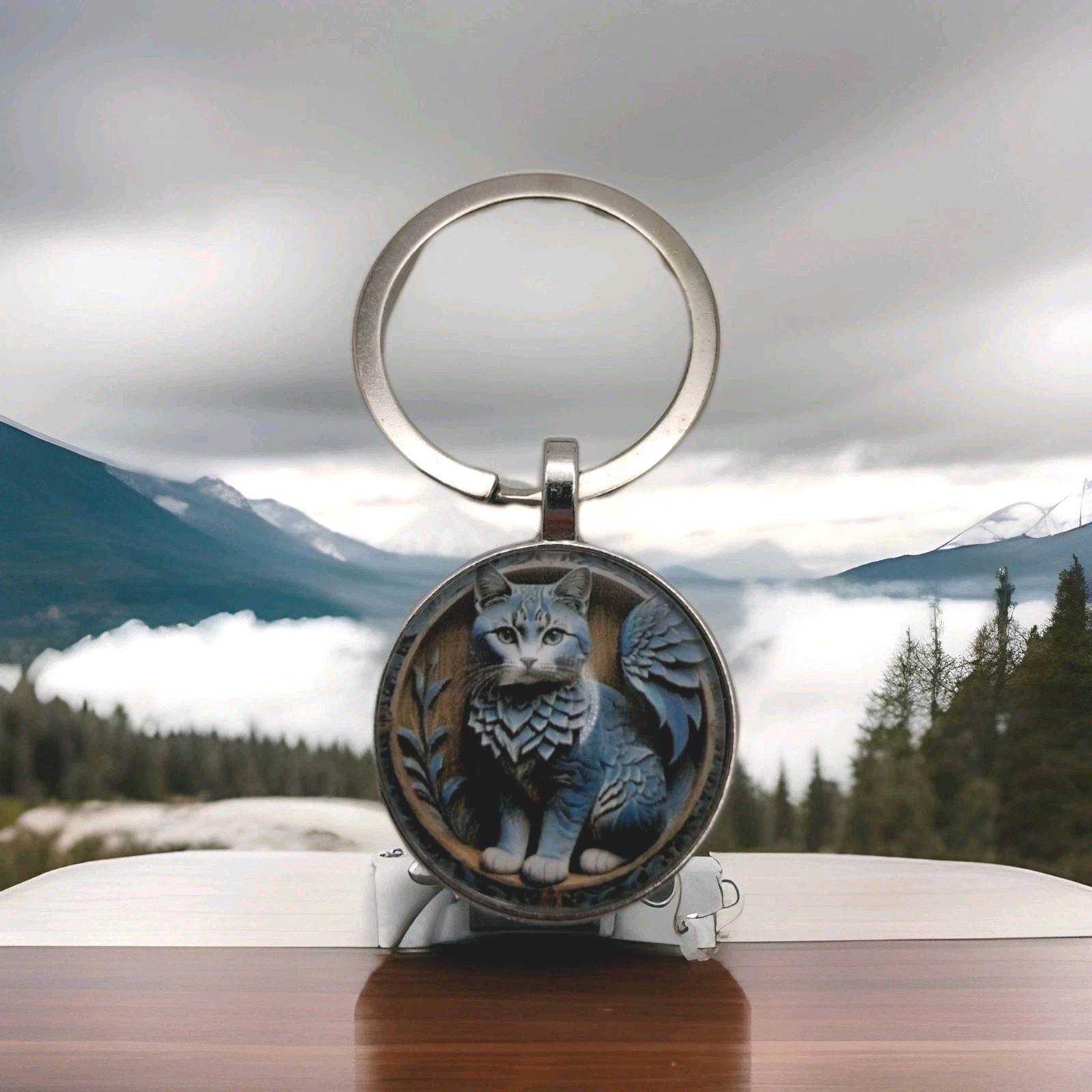 Cute Blue Cat Key Ring Keychain Women Men Cat Lover Gift