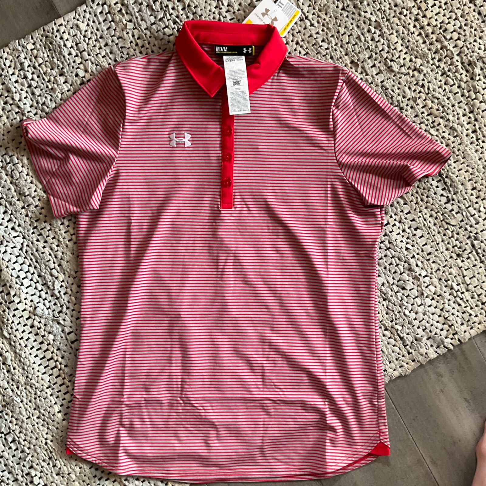 Women’s Under Armour Polo Clubhouse Loose Fit Red/Gray Striped Top NEW
