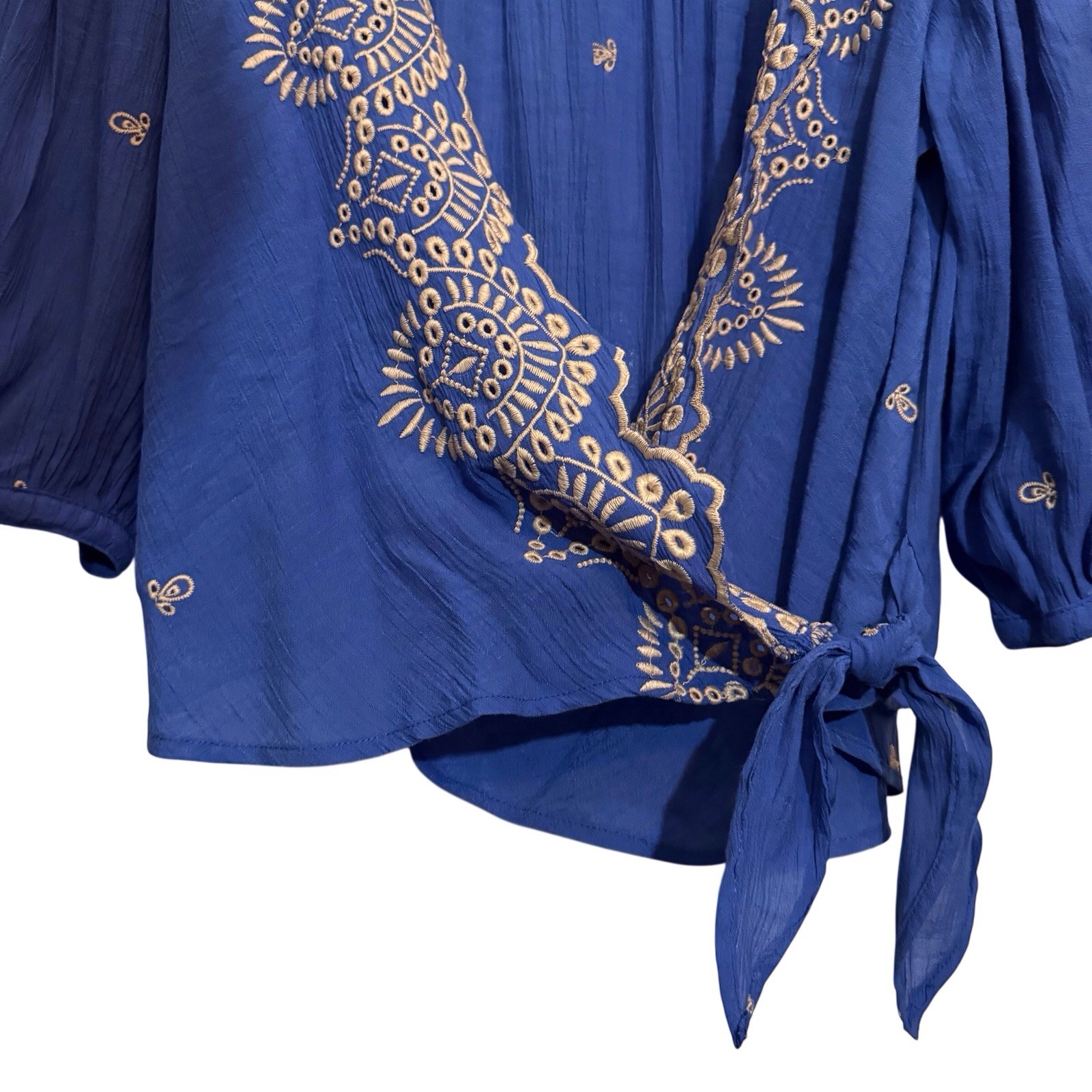 Fig And Flower Size Medium Blue Floral Embroidered Wrap Top Blouse Boho Cottage