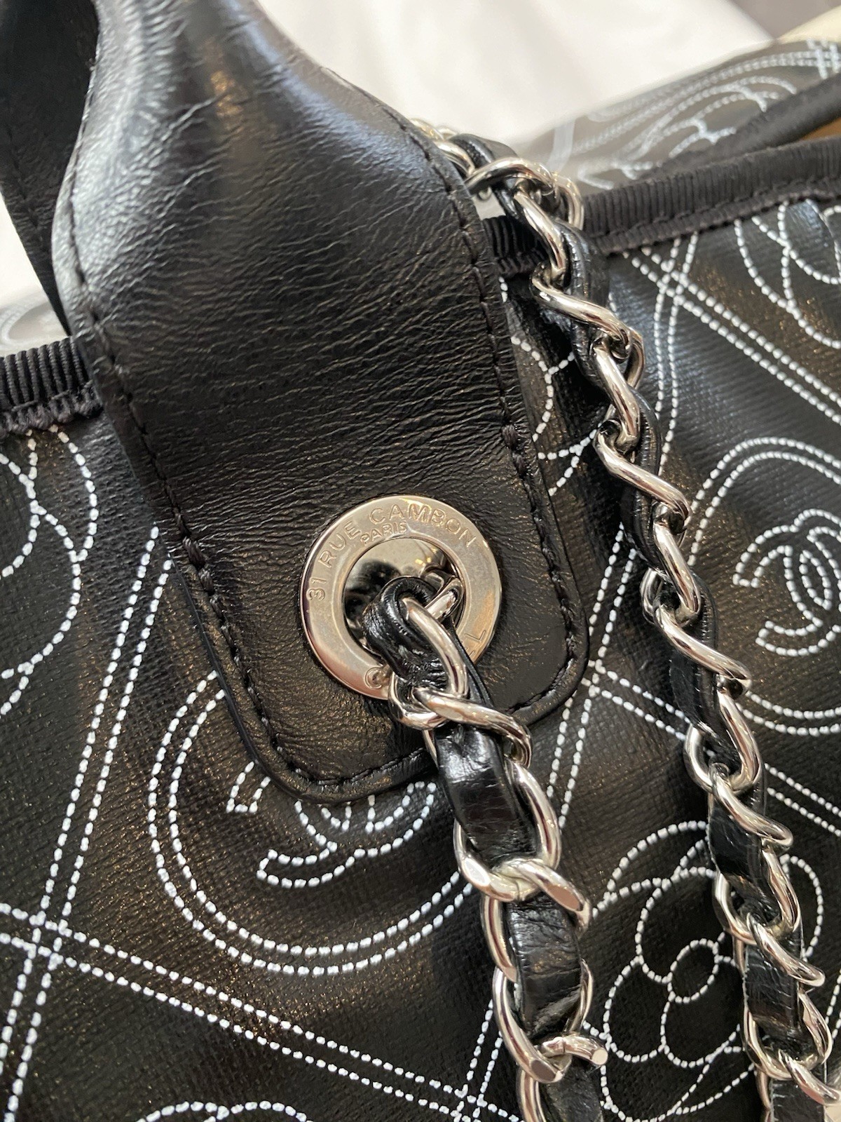 CHANEL Large Deauville Camellia Shopping Coated Canvas Tote Bag Black Beige✨