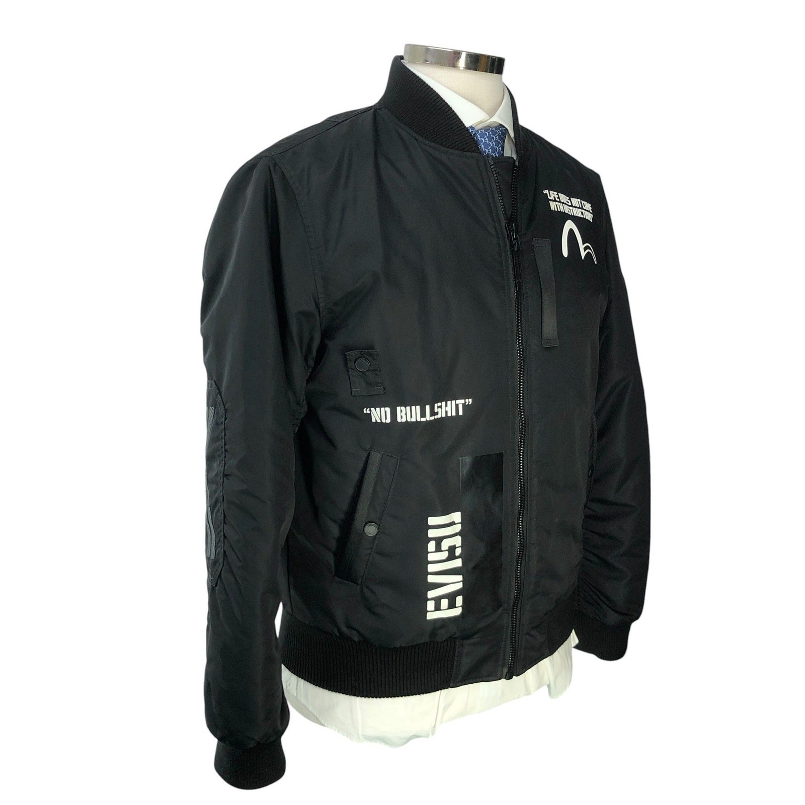 EVISUKURO Flight Jacket Mens M Black Graphic Zip Quilted Liner Streetwear Patch
