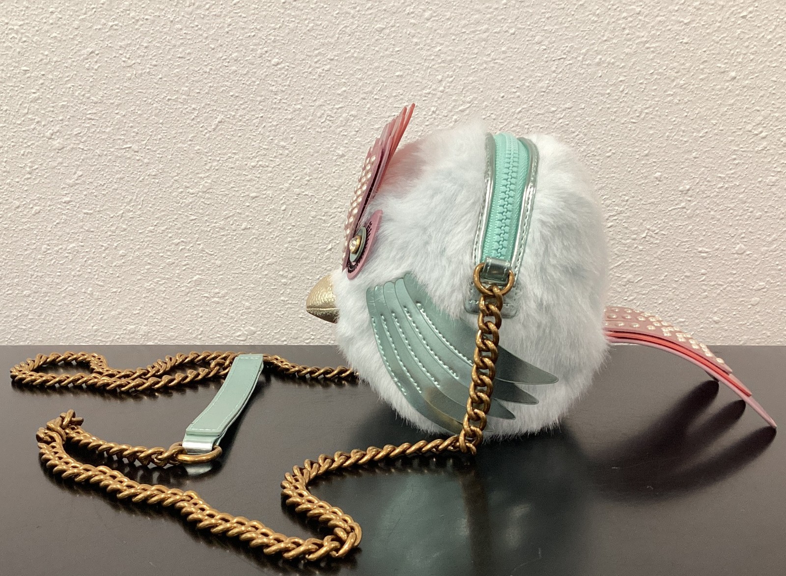 Kurt Geiger Faux Fur Soft Eagle Bag 6″ x 6″ x 4.5″ Crossbody Blue Pink Crystals