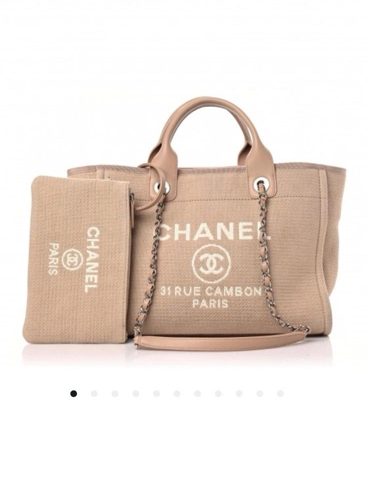 Authentic Chanel Mixed Fibers Medium Deauville Tote Beige