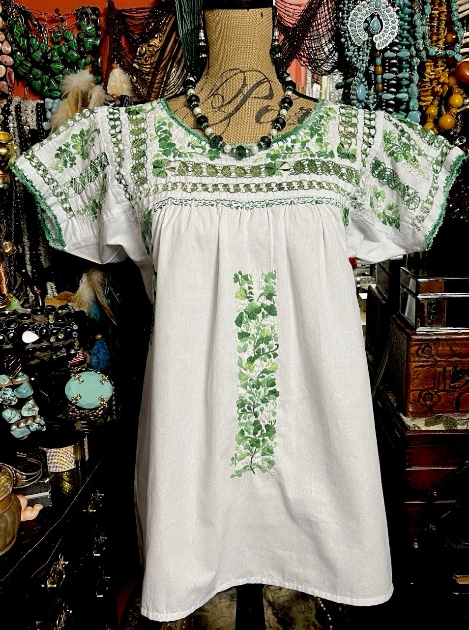 Gorgeous Oaxaca Tunic In White With Multi Greens Embroidery White Crochet Sz L