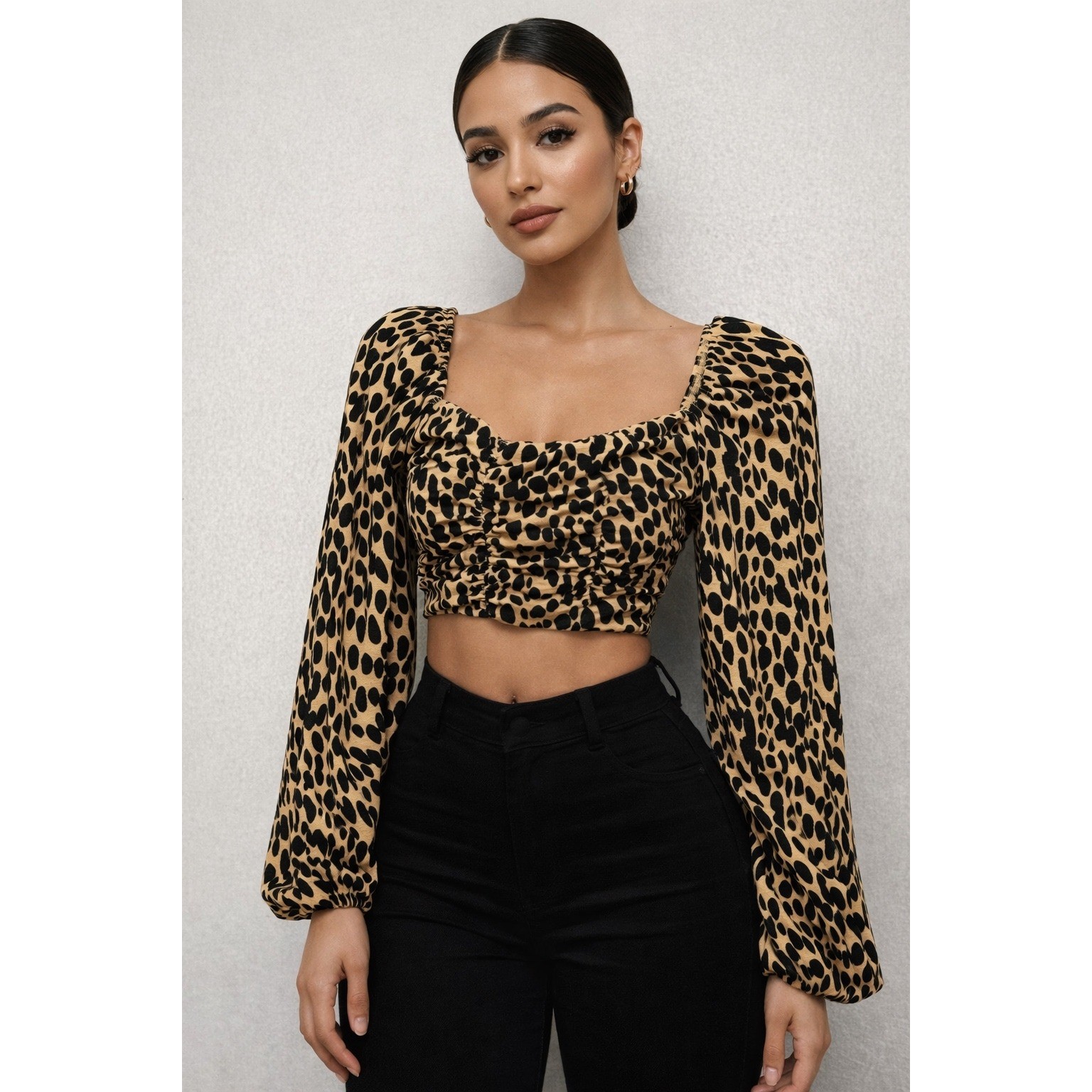 TOPSHOP Leopard Print Top Womens 2 Ruched Square Neck Long Sleeve Crop Top