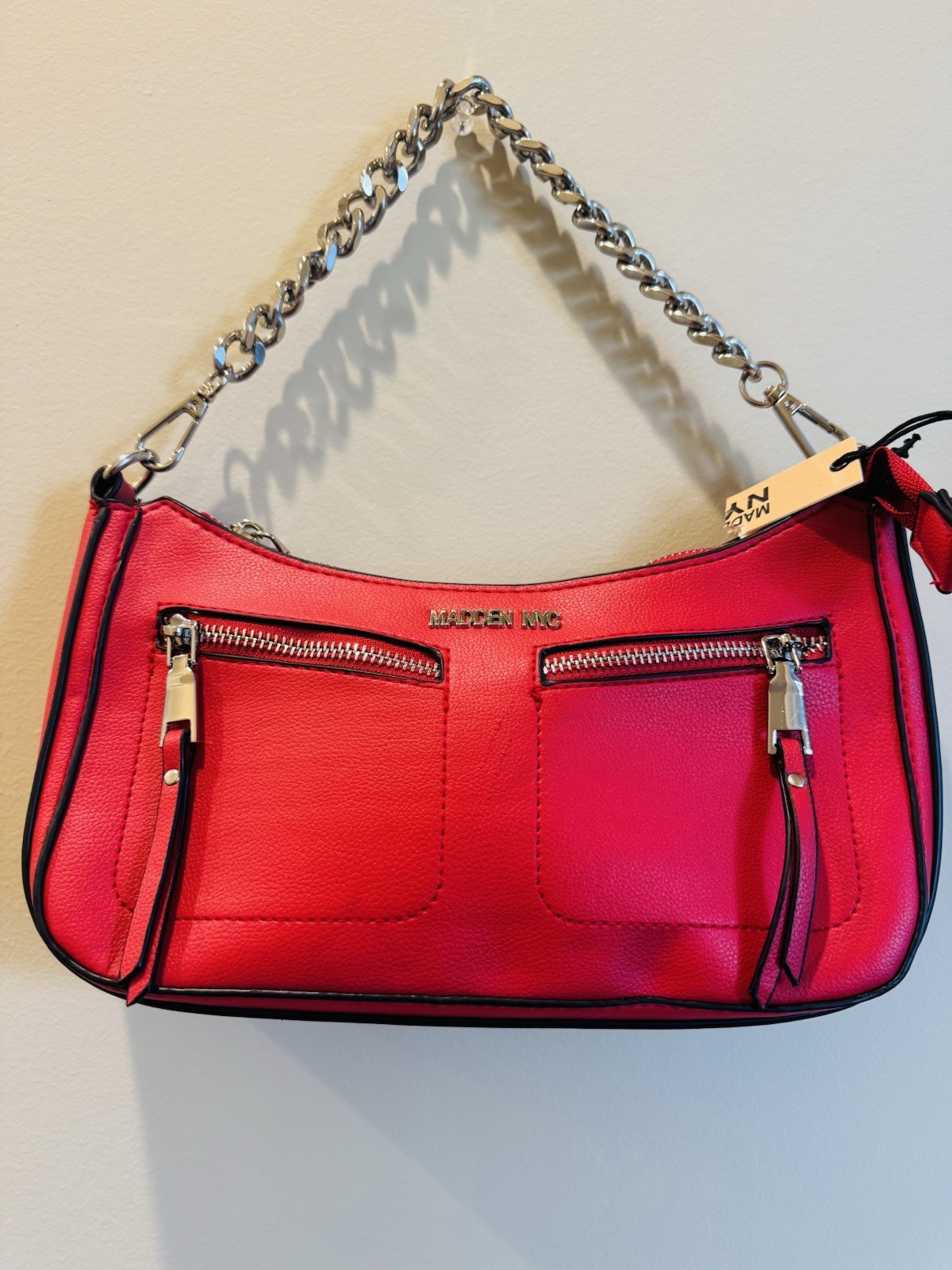 Madden NYC Women’s Red Zip Shoulder Bag Pebbled Inner Pockets Silver Chain