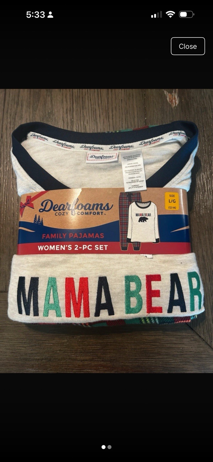 Dearfoams Women’s 2-Pc Pajama Set Plaid Bear Theme Crew Neck Long Sleeve L/G