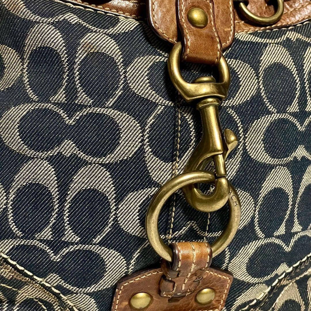 Coach Jackie 10405 Denim Canvas Shoulder Bag Blue Brown Gold Charm 8.7in