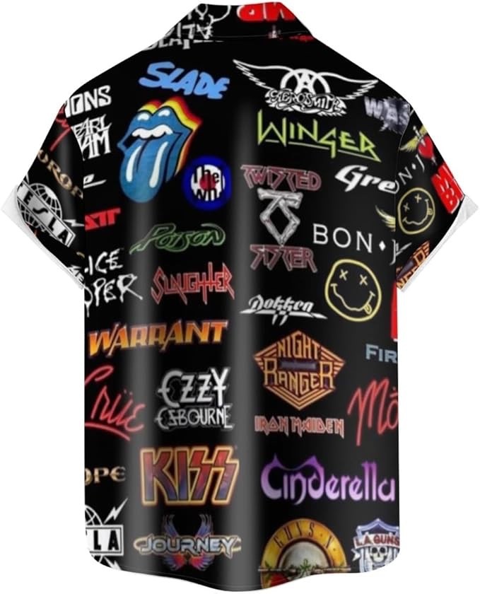 Mens Rock Shirts Band Collage Printed Shirt for Men Short Sleeve Punk