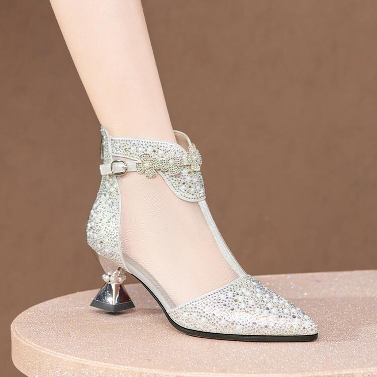 Pearls Women’s Poined Toe Mesh Rhinestone Real Leather Sandals Kitten Heels Sexy