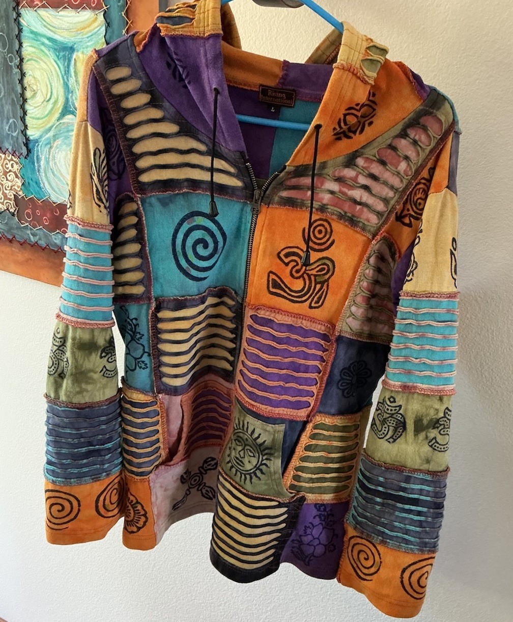 Rising International Boho Patchwork Hoodie L – Nepal Cotton Festival Jacket Boho