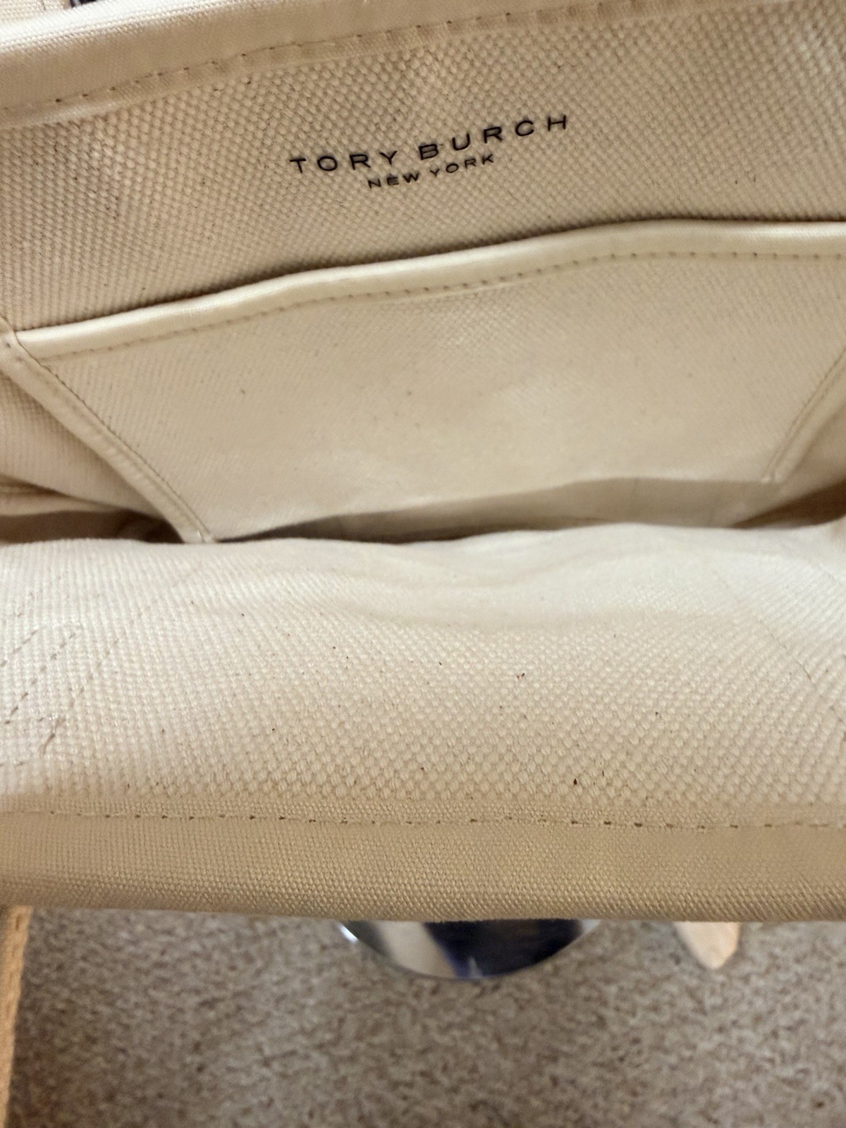 Tory Burch Women’s Beige Canvas Logo Tote Bag Top Handle, Beige Strap