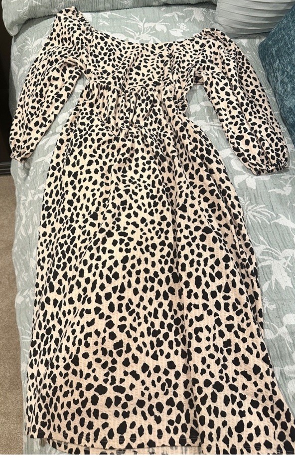 Womens S Beige Black Leopard Midi Dress Off Shoulder Smocked Long Puff Sleeve