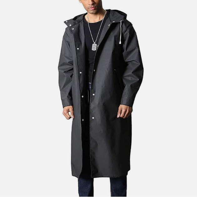 Men Black Waterproof Long Raincoat Hooded Trench Jacket Outdoor Hiking Rain Coat