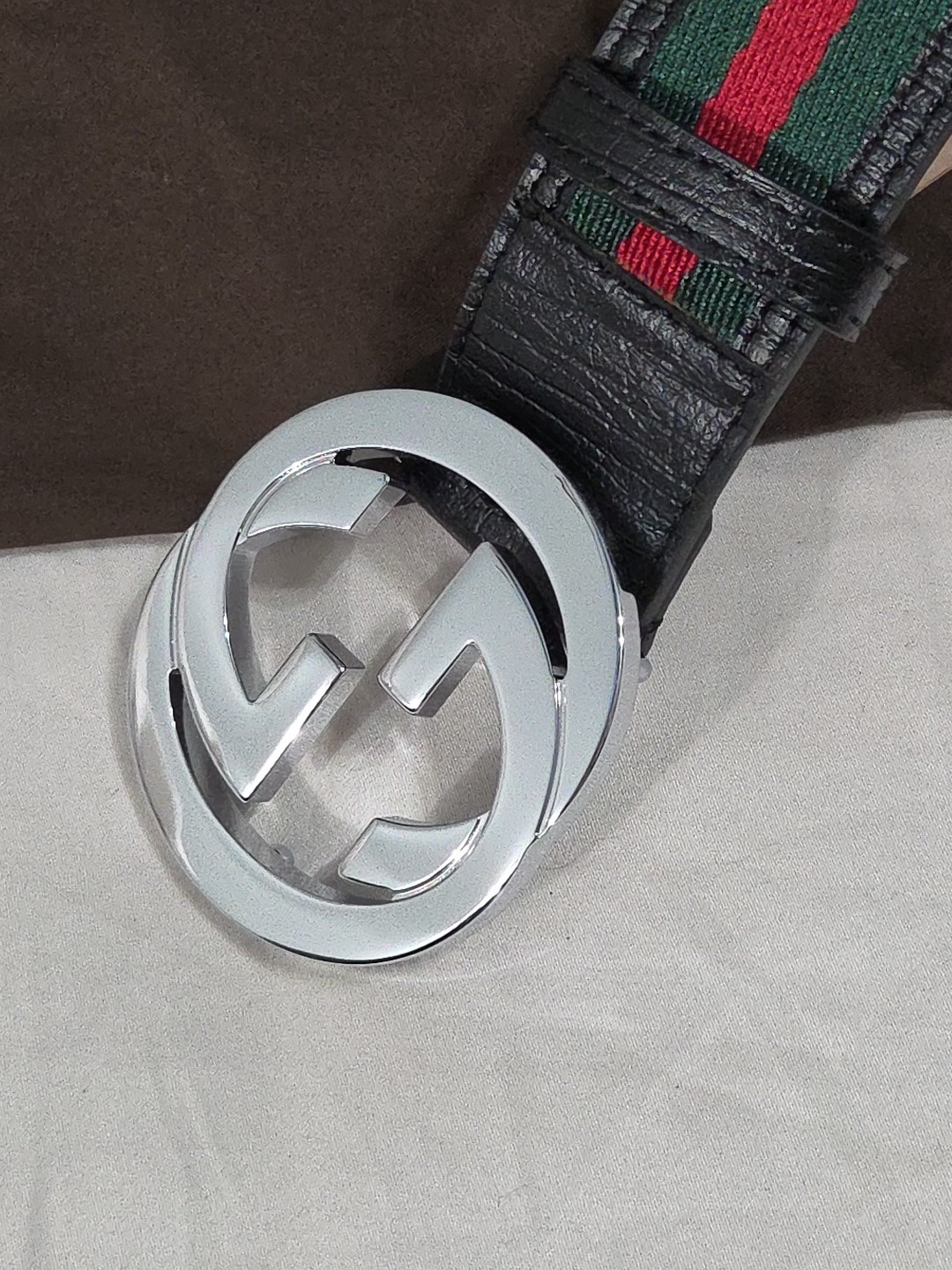 Gucci Black Green Red Striped Belt Size 38-40 IT 110CM Silver Buckle