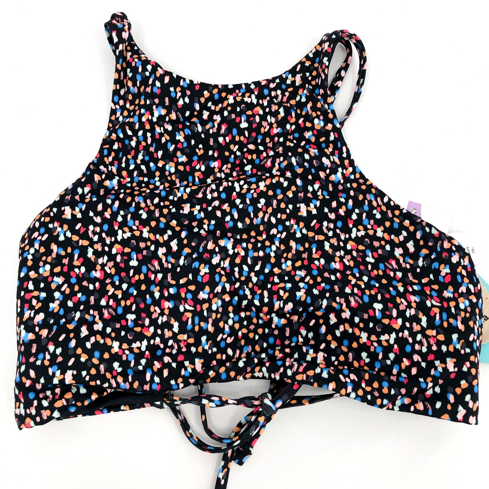 PRANA Women’s Onyx Bay Bikini Top Medium Black Alotta Dots High Neck NWT