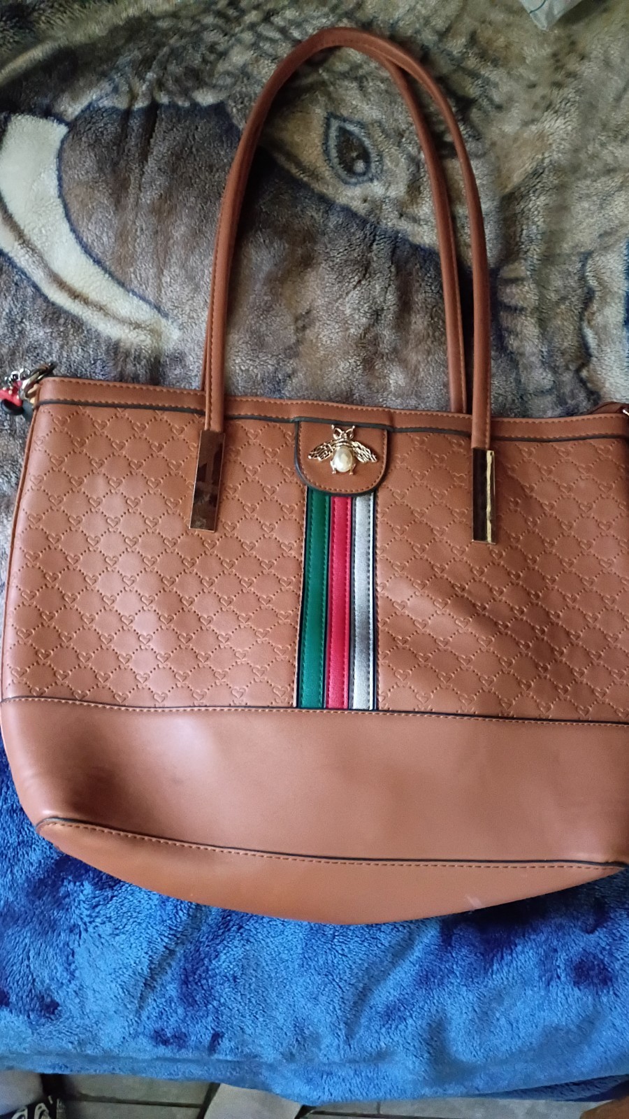Brown Embossed Medium Tote Bag, Zip Top, Gold Hardware, Needs Cleaning
