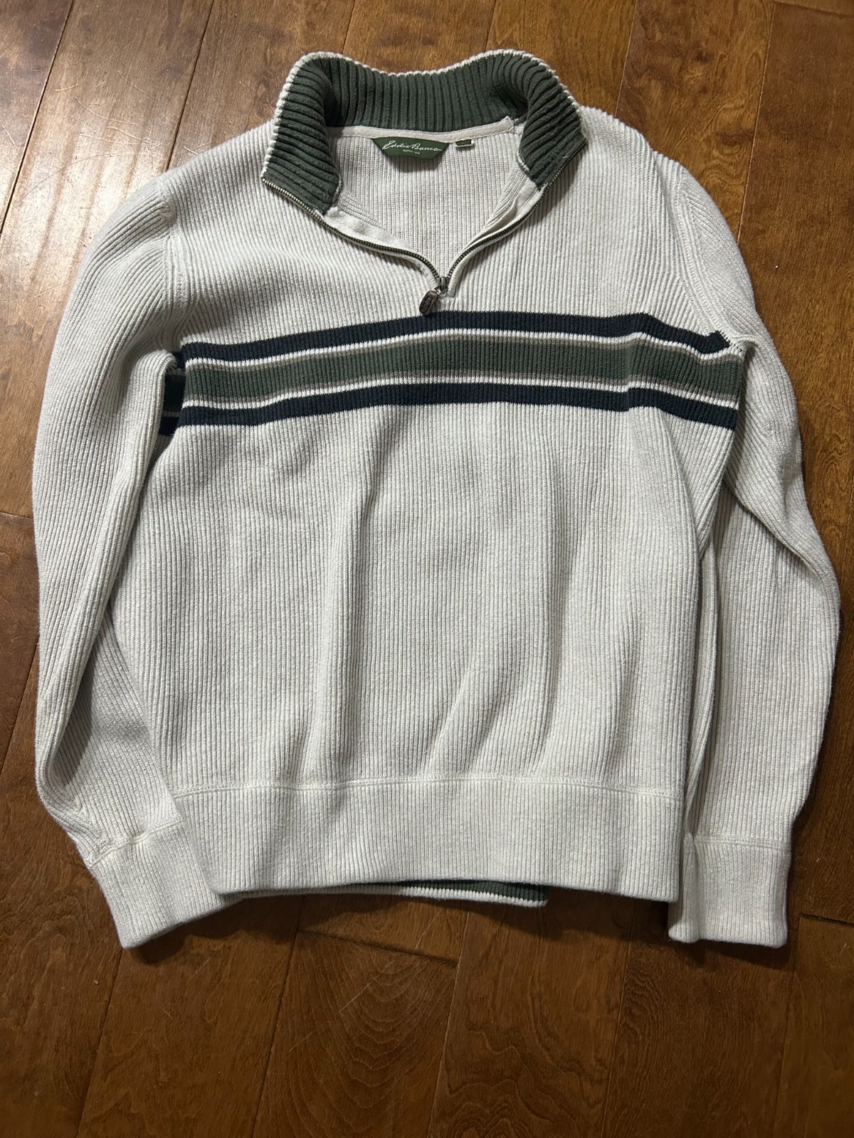 Eddie Bauer White and Green Quarter Zip Sweater Mens Large