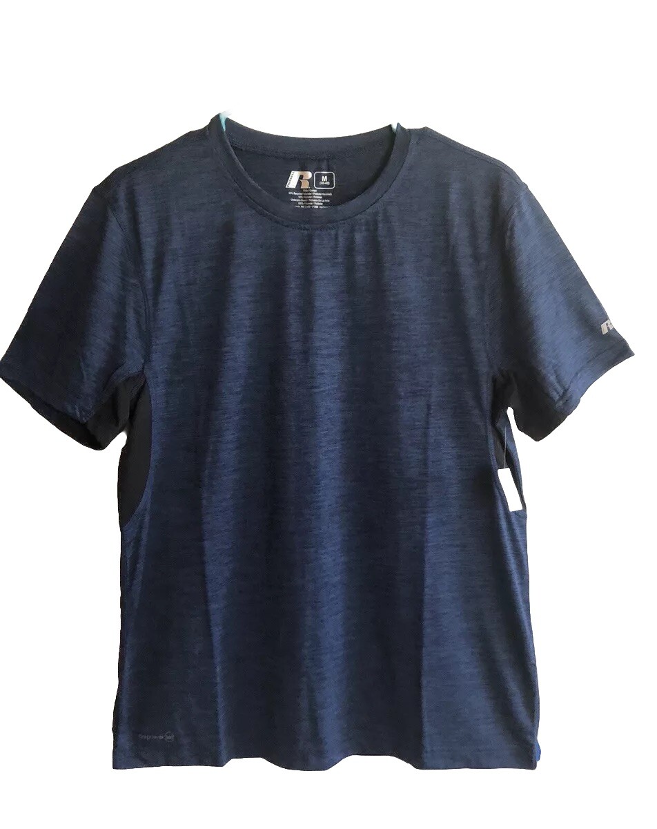 RUSSELL Mens Dri Power 360 T-Shirt Size Med 38-40 Blue Black Underarm Insert New