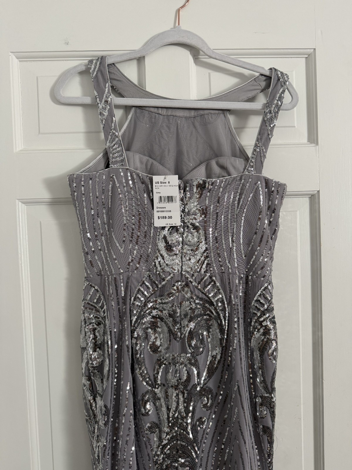 Brand New (NWT) Silver Sequin Formal Gown Floor Length Halter Neck, Size 8