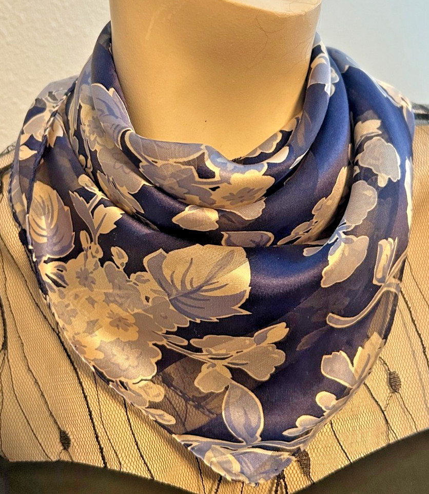 Vintage 20 x 19 In. Blue and White Sheer Silk Floral Print Scarf -VS-108