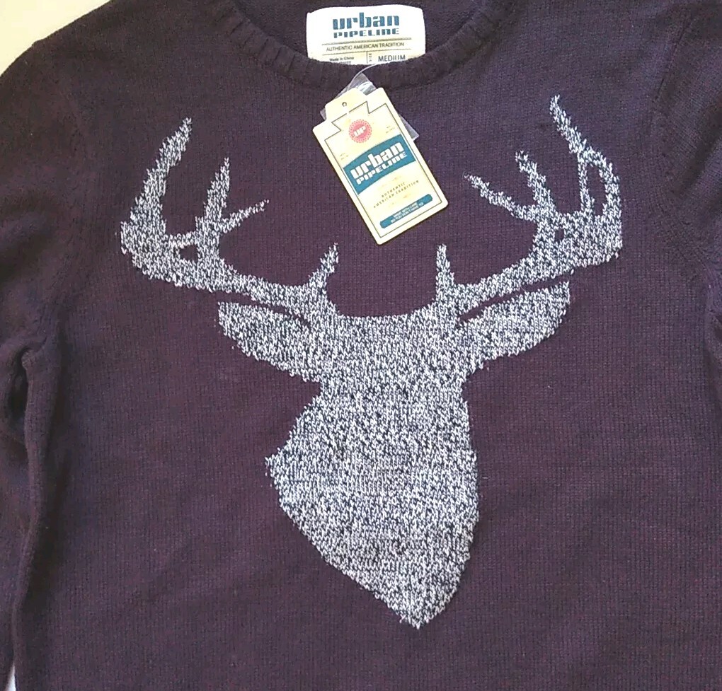 Urban Pipeline Sweater Mens Size Medium Buck Deer Burgundy Gray Pullover Holiday