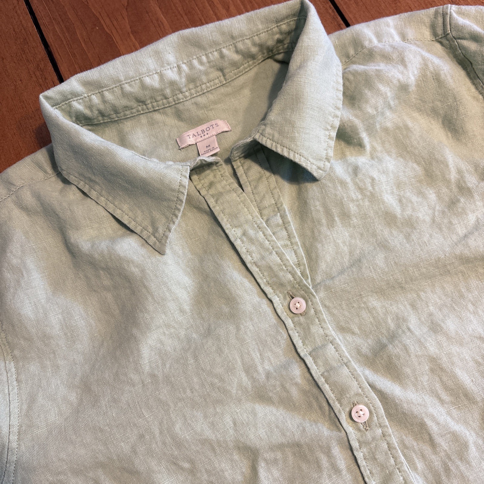 Talbots Green 100% Linen Collared Button Down Shirt 3/4 Sleeve Medium