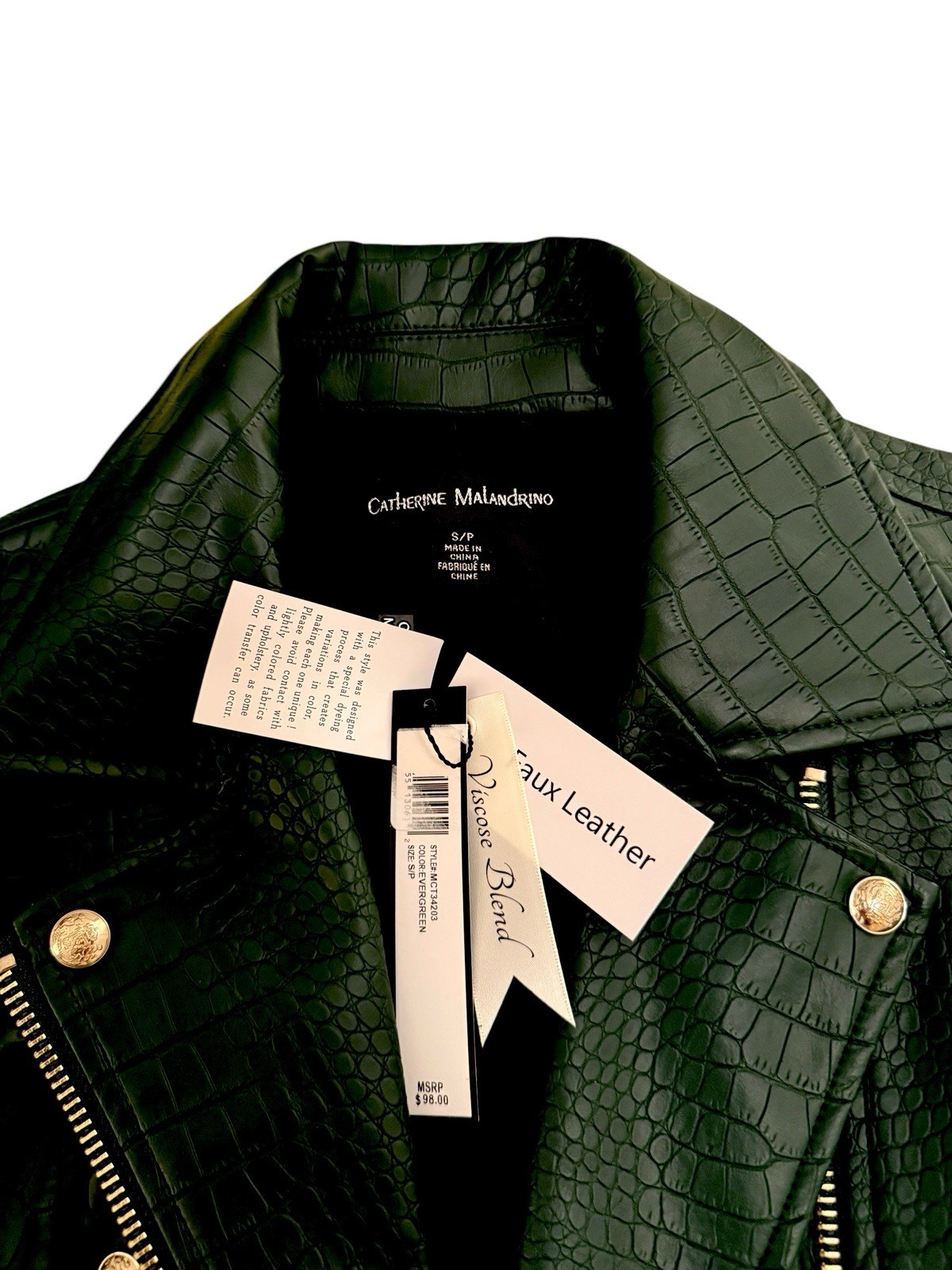 Catherine Malandrino Women’s Green Croc Animal Print Biker Jacket Zip Pockets S
