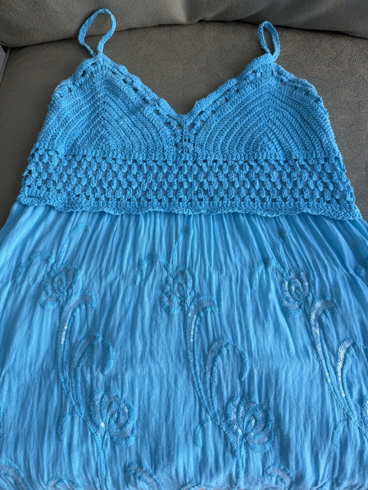 Crochet blue beaded fit and flare summer dress size M/L In great condition