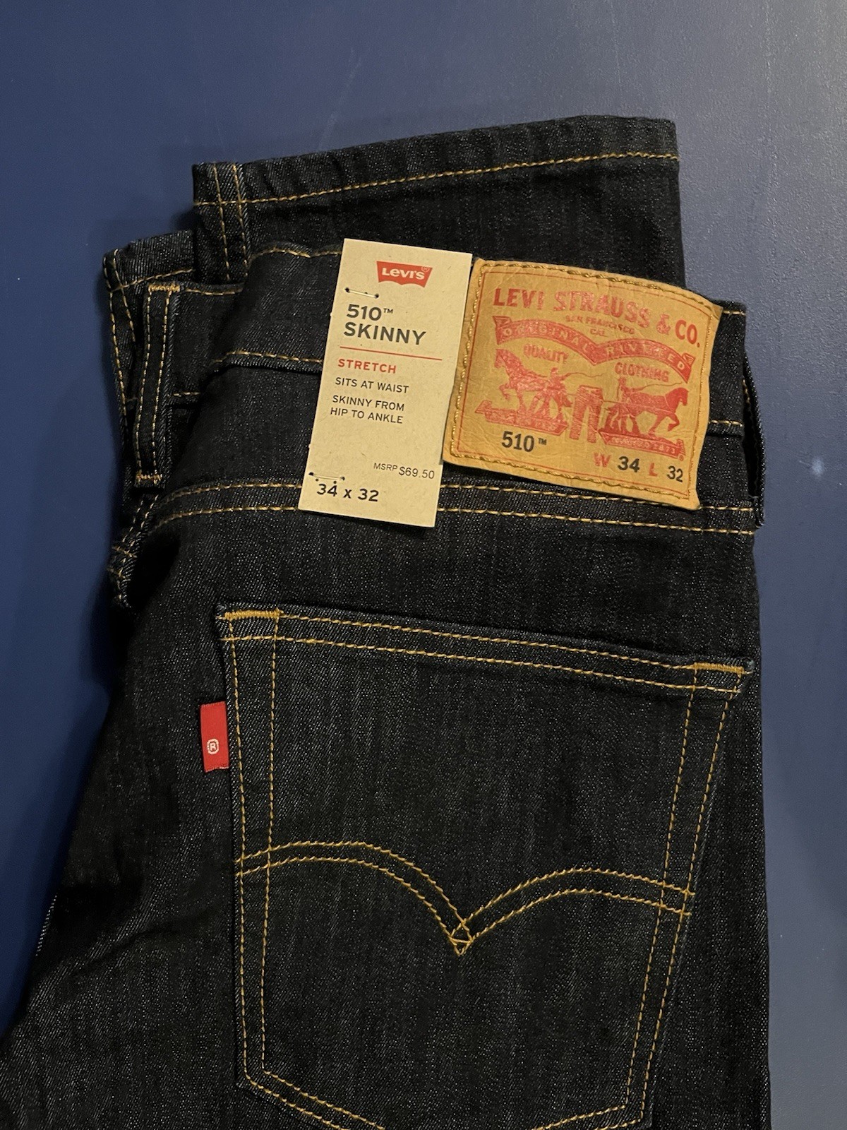 Levi’s 510 Series Skinny Stretch Denim Jeans Dark Blue Men’s Solid 5-Pocket