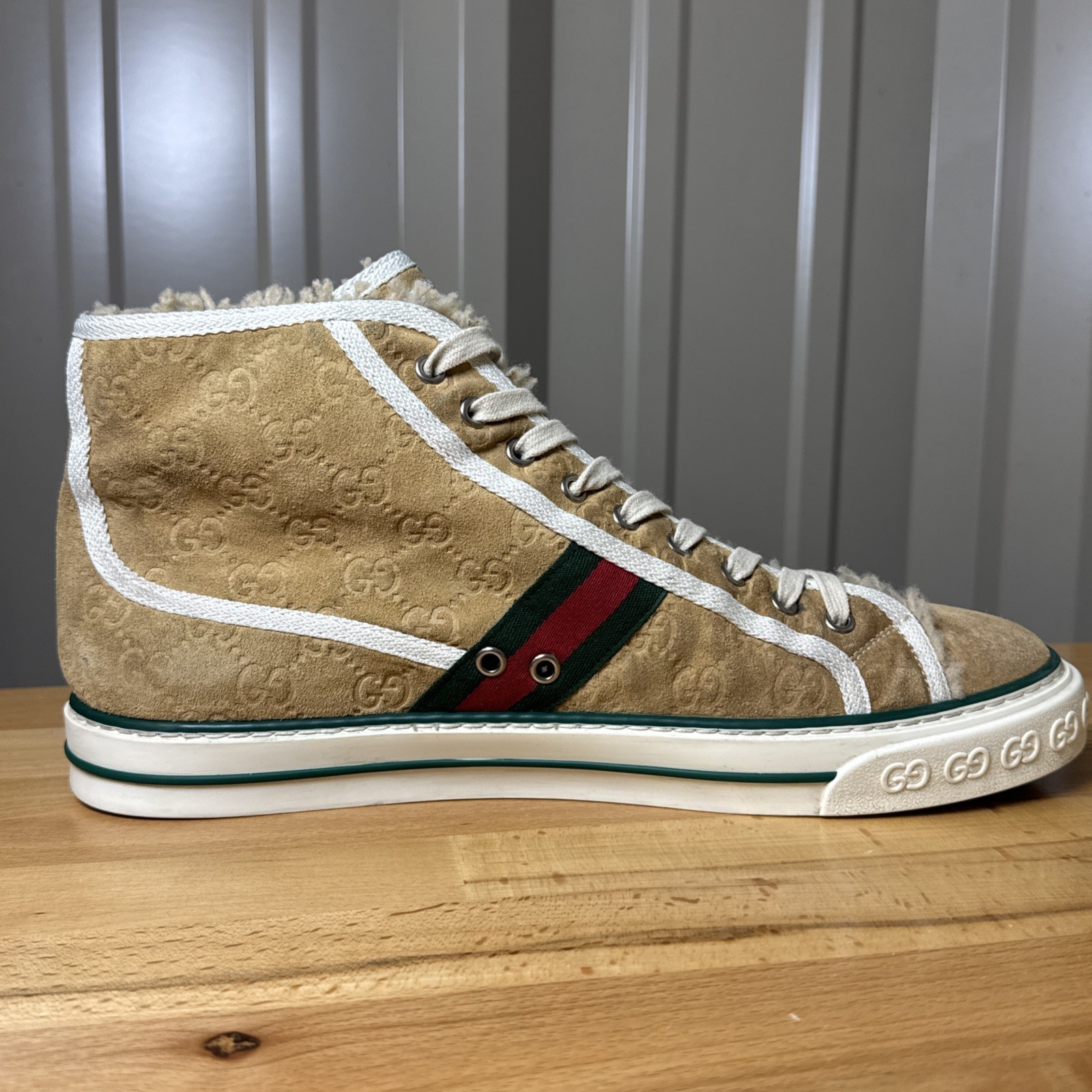Gucci Tennis 1977 High Top Beige GG Monogram Suede Shearling UK 11 Men’s US 12