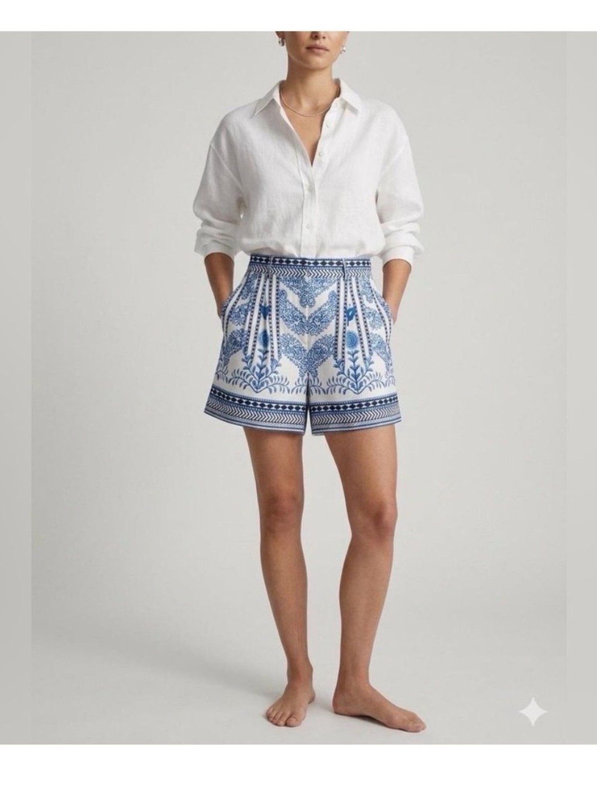 A Loves A Blue & White Floral Size 8 Linen/Cotton Blend High Rise Shorts Lined