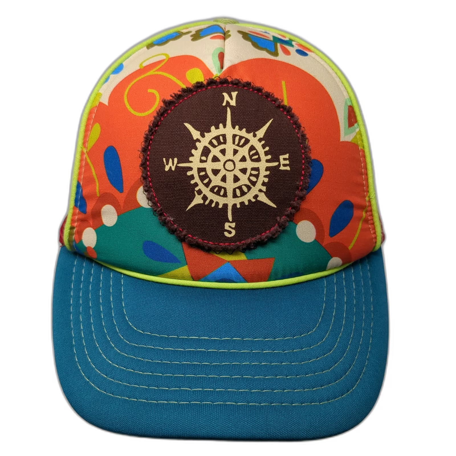 Natural Life Trucker Hat Orange OSFM Compass Patch Psychedelic Floral Mesh Cap